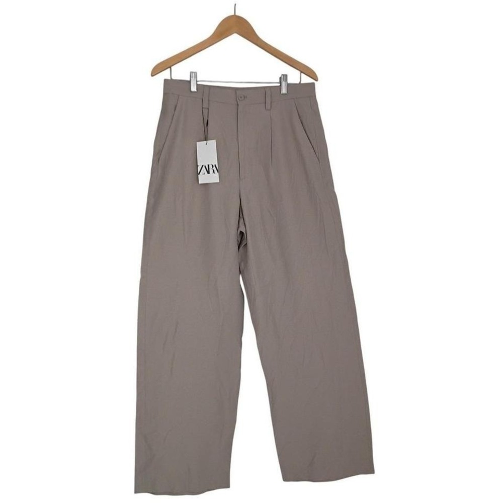 ZARA NWT Beige Linen Blend Wide Leg Trousers High Rise Button Fly 31 Minimalist - Picture 2 of 8